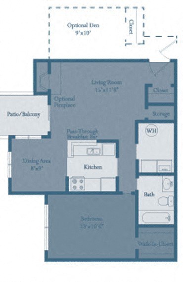 Floor plan for 1 bed, 1 bath, 896 sqft